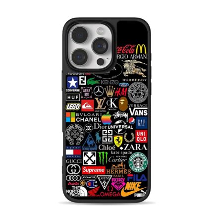Collage of famous brand logos on black background iPhone 16 Pro Max Black Case