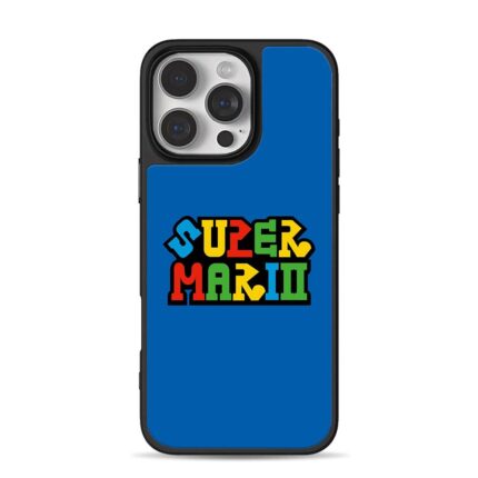 Colorful Super Mario retro text logo on blue background iPhone 16 Pro Max Black Case